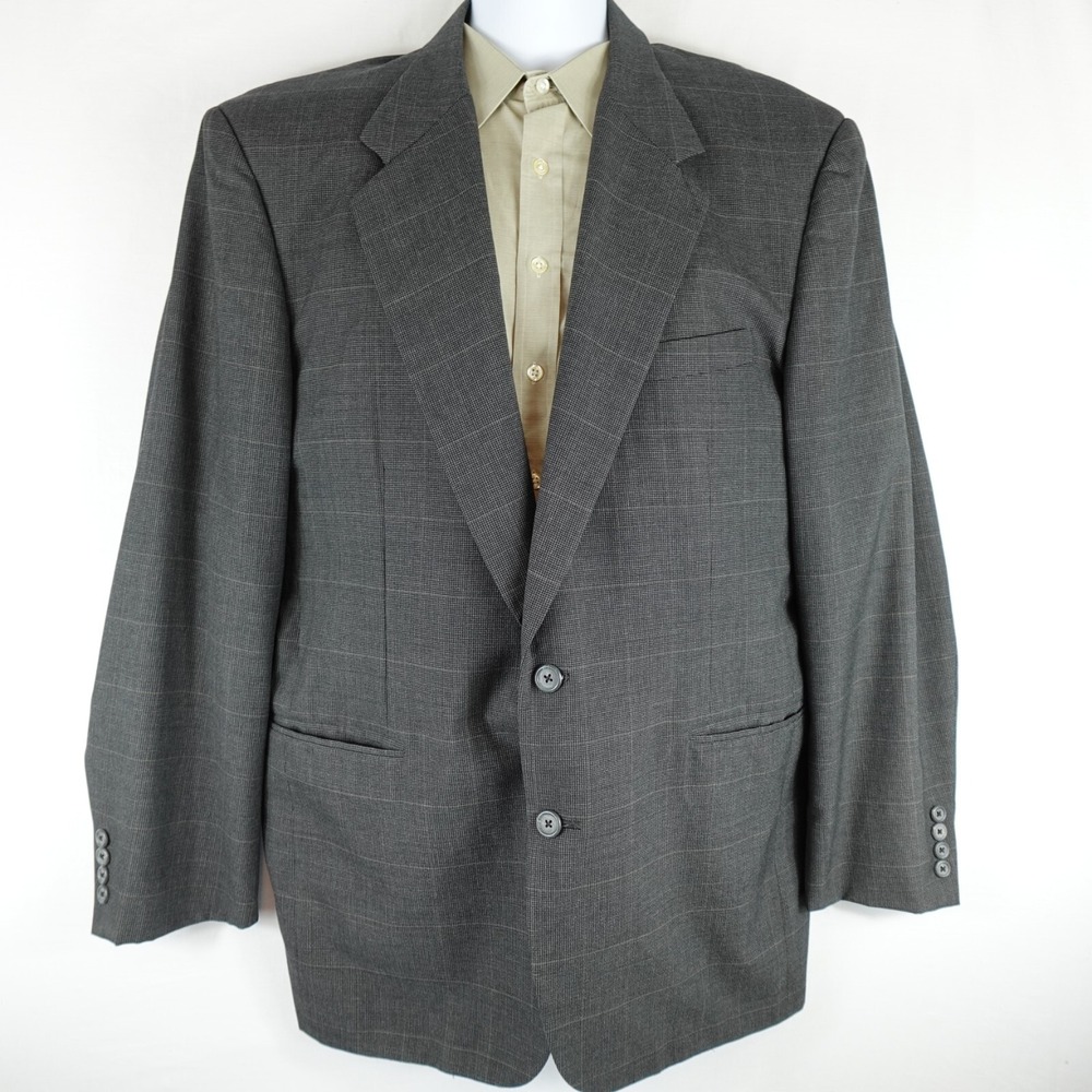 Tom James Sport Coat Men's 46L Gray Striped‎ Plaid Single Breasted Wool Notched